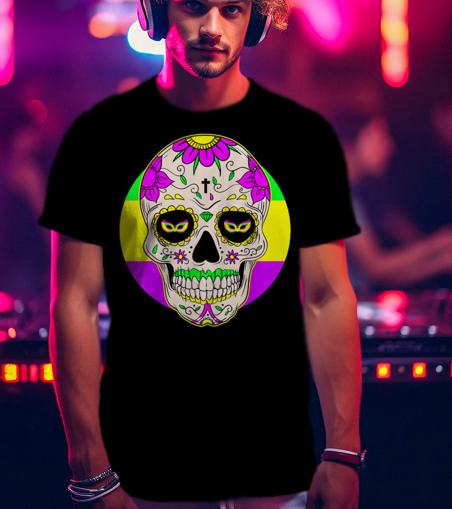 Mardi Gras Sugar Skull With Jester Hat And Mask Elements T-Shirt