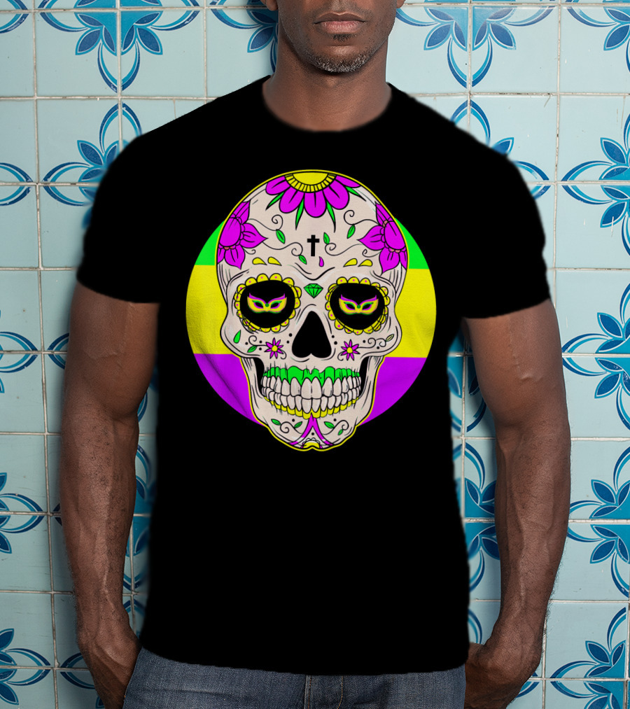 Mardi Gras Sugar Skull With Jester Hat And Mask Elements T-Shirt