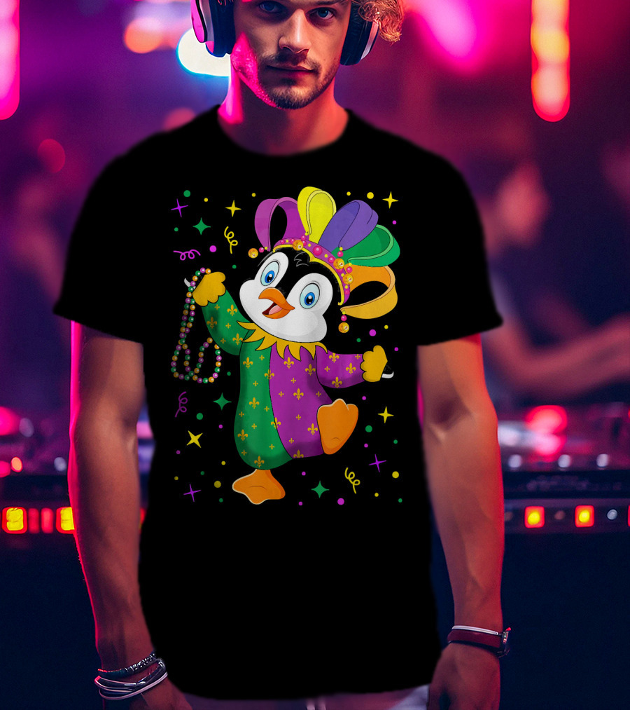 Cute Penguin Jester With Mardi Gras Colors And Beads T-Shirt