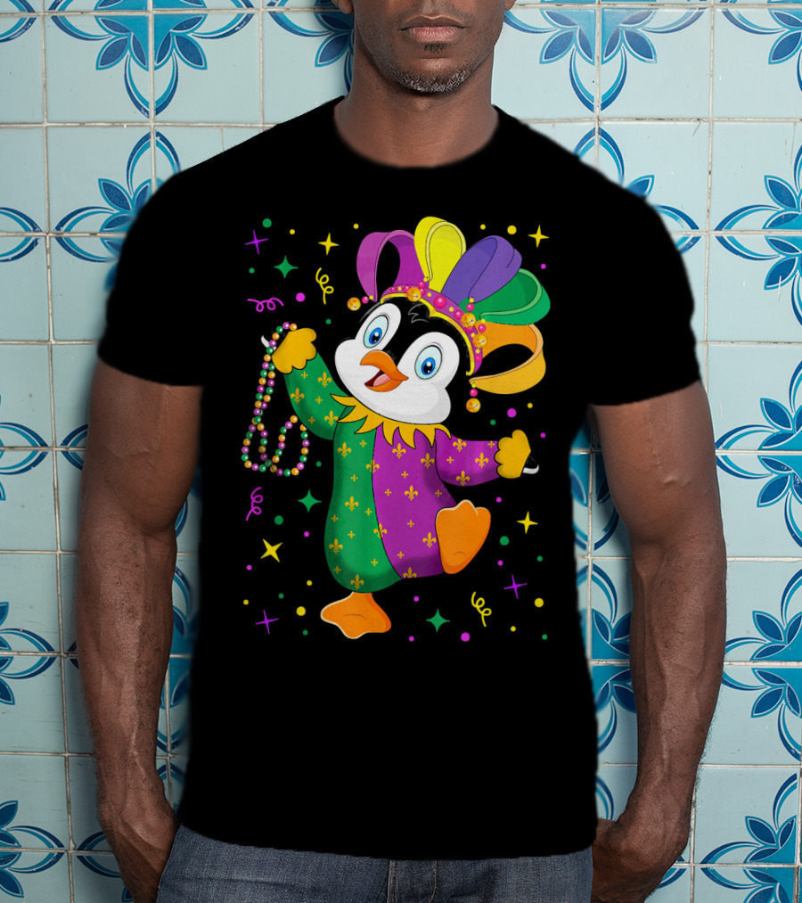 Cute Penguin Jester With Mardi Gras Colors And Beads T-Shirt