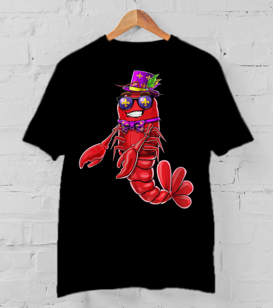 Flossing Crawfish In Mardi Gras Jester Hat With Beads And Fleur-de-lis Glasses T-Shirt