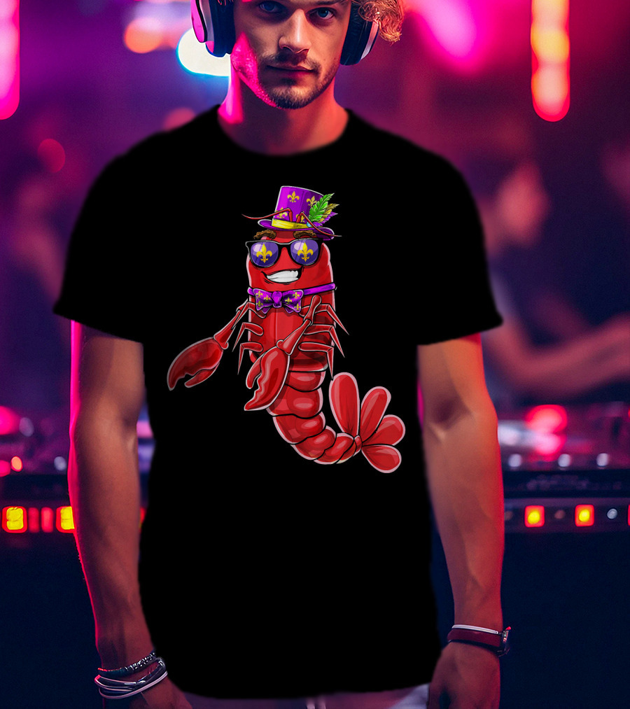 Flossing Crawfish In Mardi Gras Jester Hat With Beads And Fleur-de-lis Glasses T-Shirt