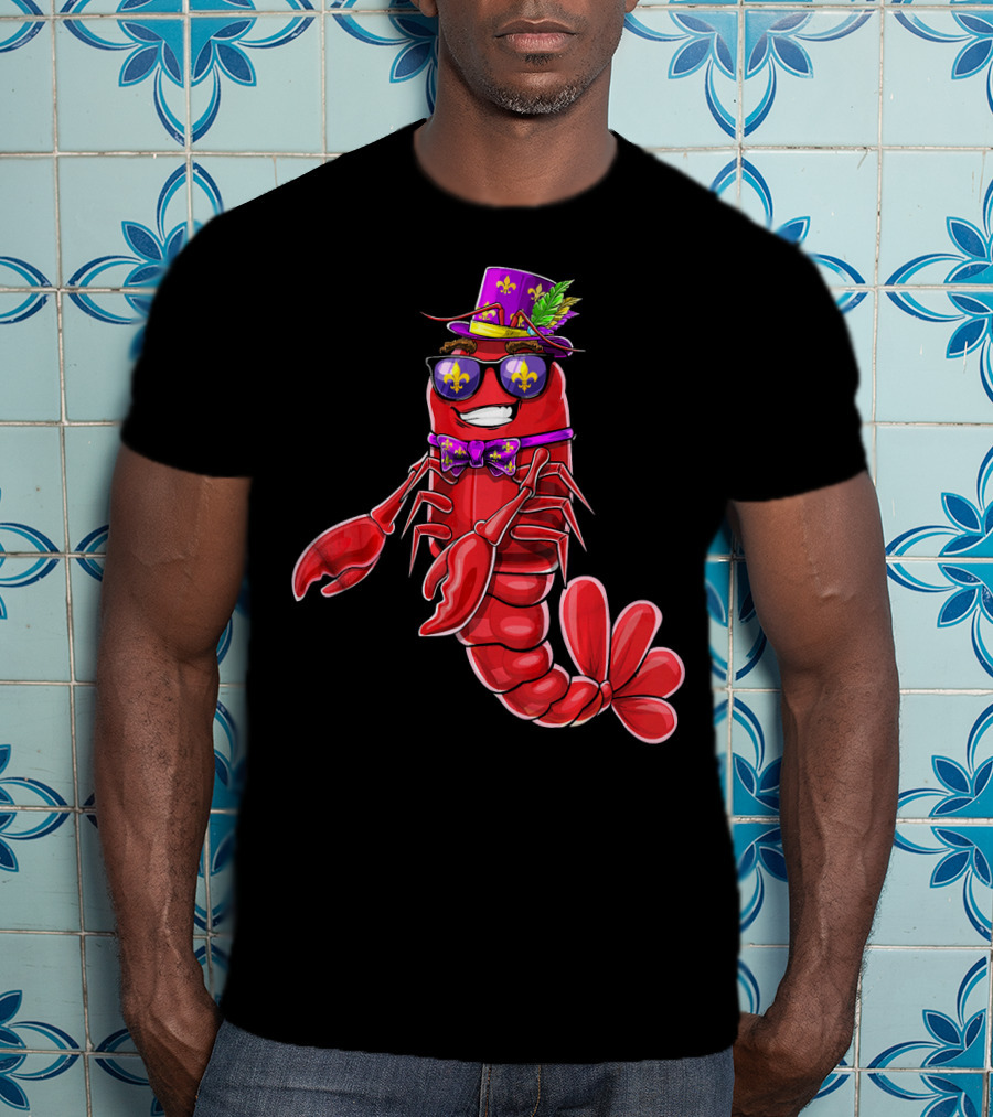 Flossing Crawfish In Mardi Gras Jester Hat With Beads And Fleur-de-lis Glasses T-Shirt