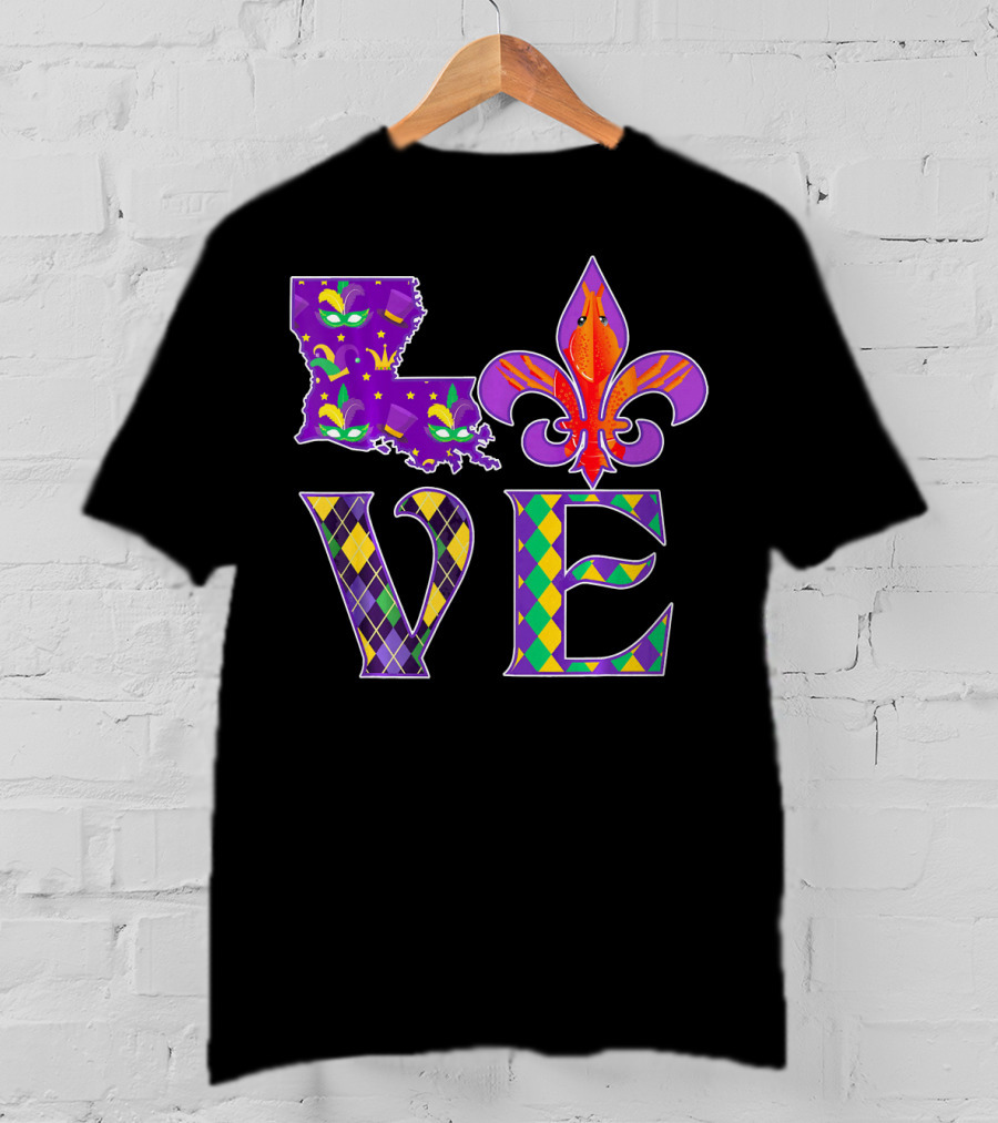 Louisiana Mardi Gras Love Fleur DE Lis Crawfish T-Shirt