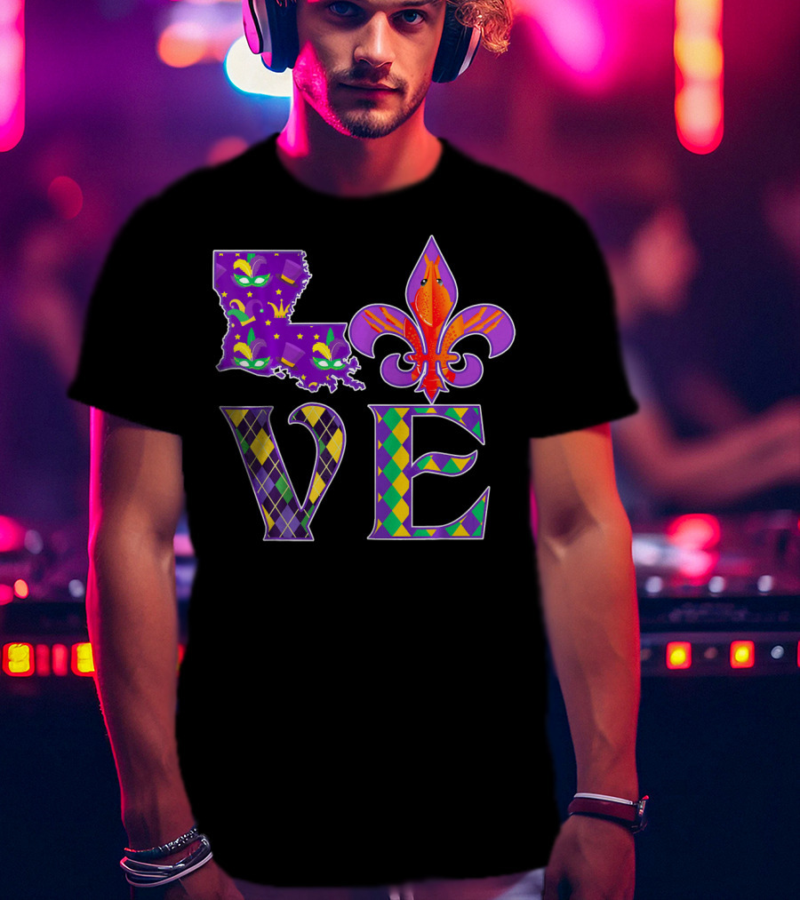Louisiana Mardi Gras Love Fleur DE Lis Crawfish T-Shirt