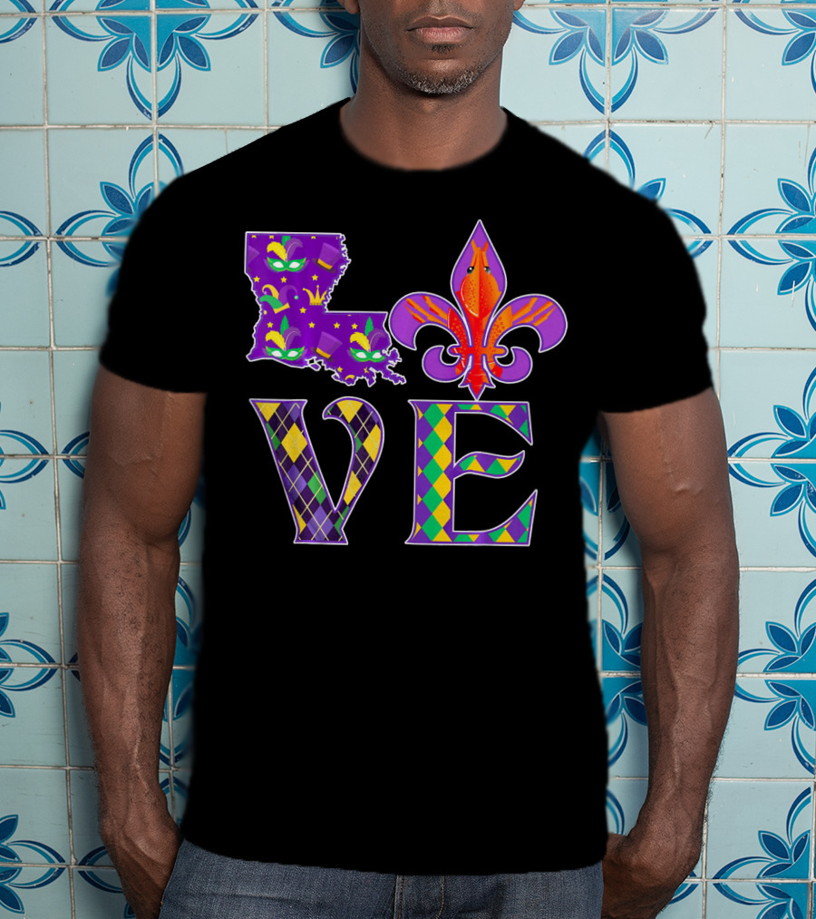 Louisiana Mardi Gras Love Fleur DE Lis Crawfish T-Shirt