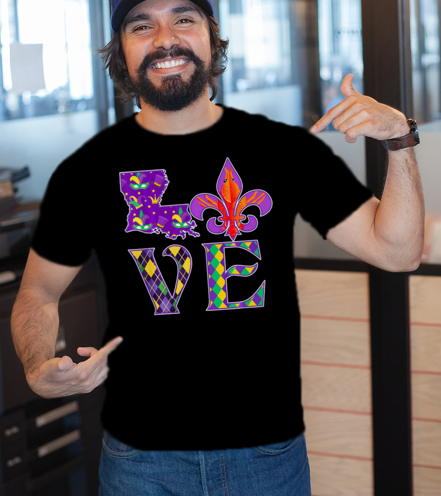 Louisiana Mardi Gras Love Fleur DE Lis Crawfish T-Shirt