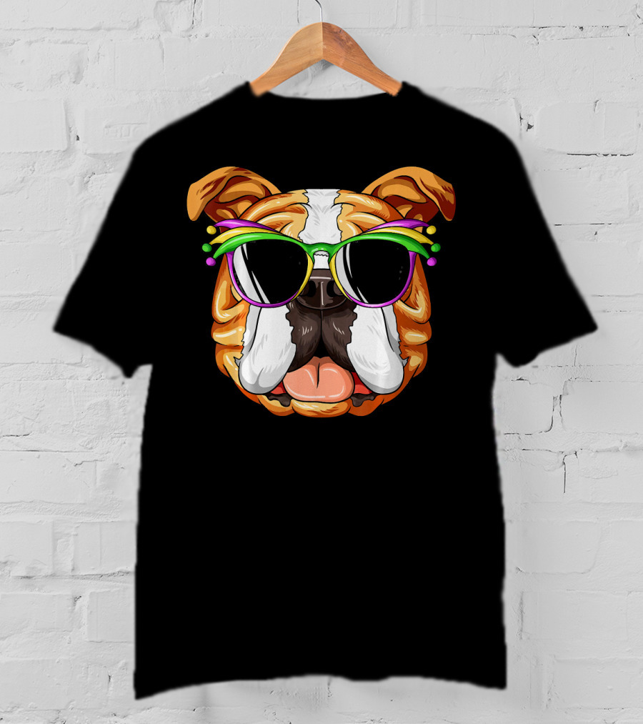 English Bulldog Wearing Colorful Mardi Gras Carnival Mask Glasses T-Shirt