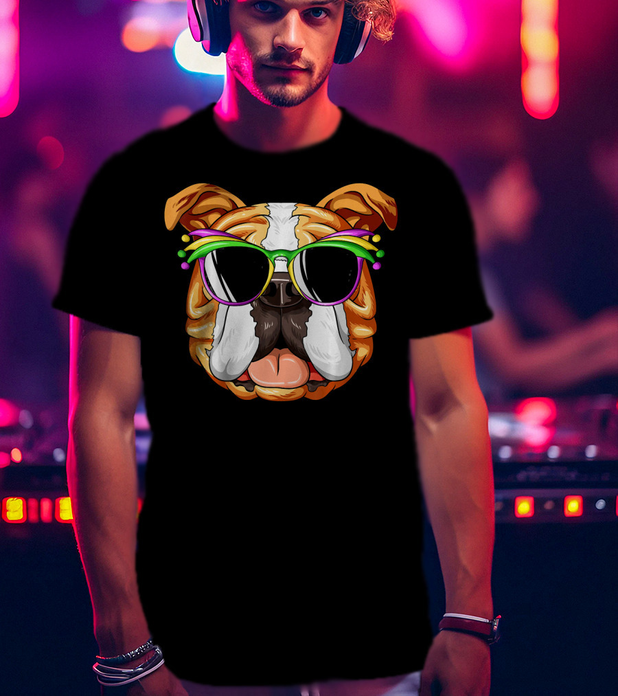 English Bulldog Wearing Colorful Mardi Gras Carnival Mask Glasses T-Shirt
