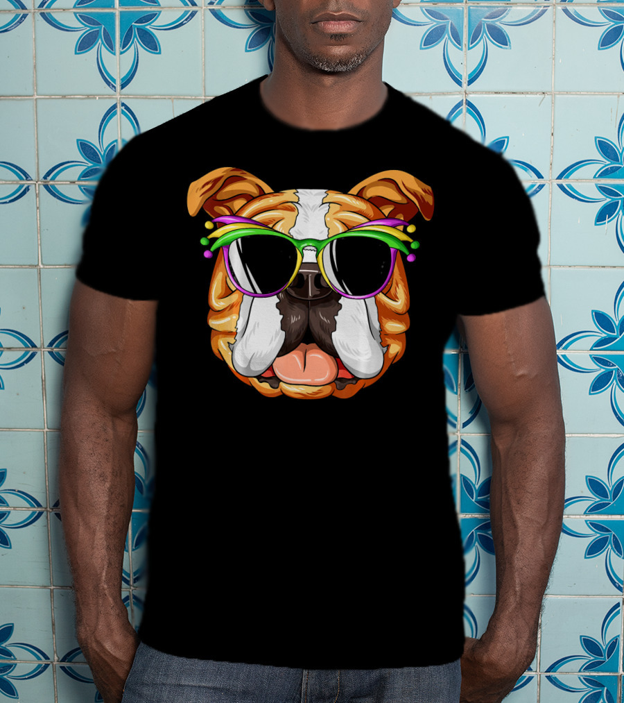 English Bulldog Wearing Colorful Mardi Gras Carnival Mask Glasses T-Shirt