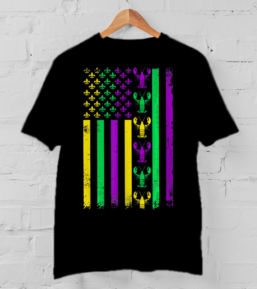 American Flag Mardi Gras Crawfish Fleur-de-Lis T-Shirt