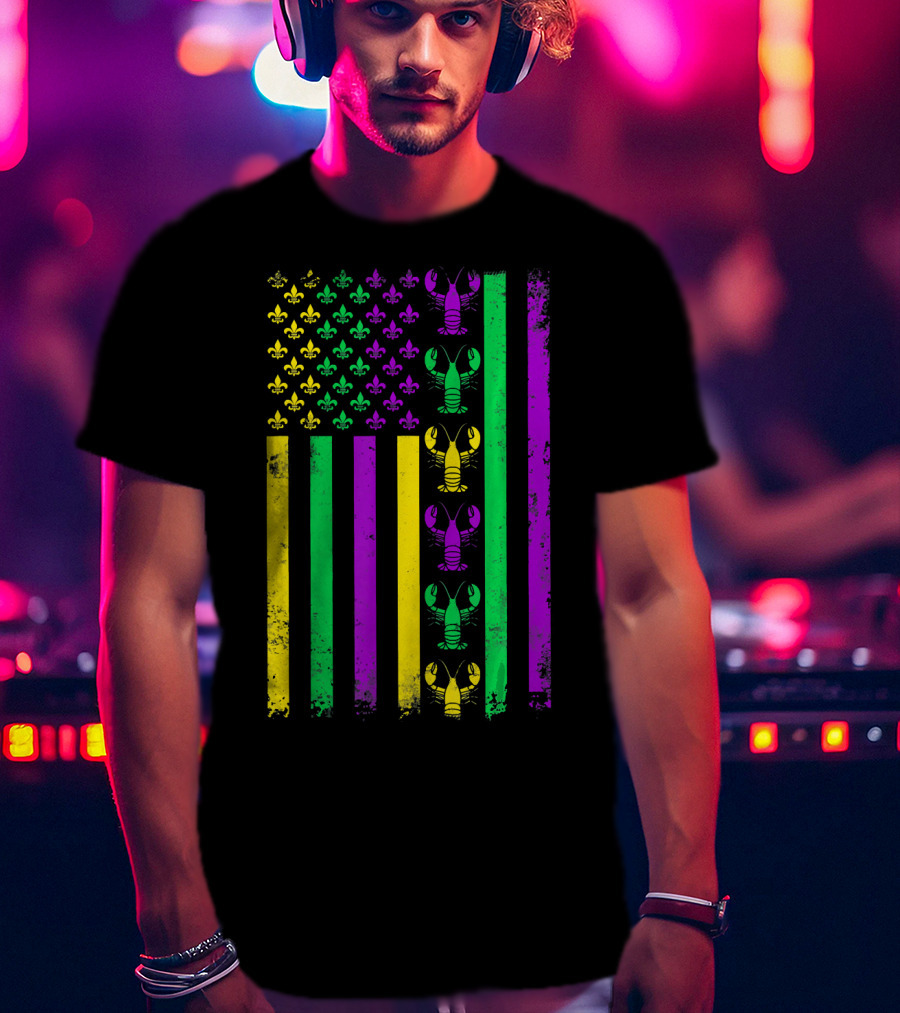 American Flag Mardi Gras Crawfish Fleur-de-Lis T-Shirt