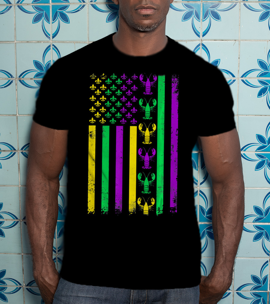 American Flag Mardi Gras Crawfish Fleur-de-Lis T-Shirt