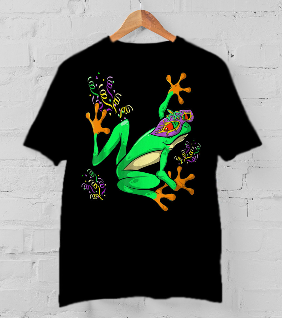 Frog In Mardi Gras Mask With Party Streamers T-Shirt