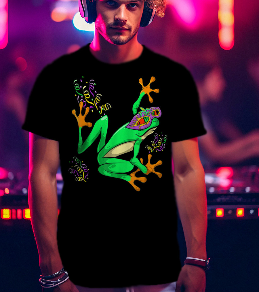 Frog In Mardi Gras Mask With Party Streamers T-Shirt