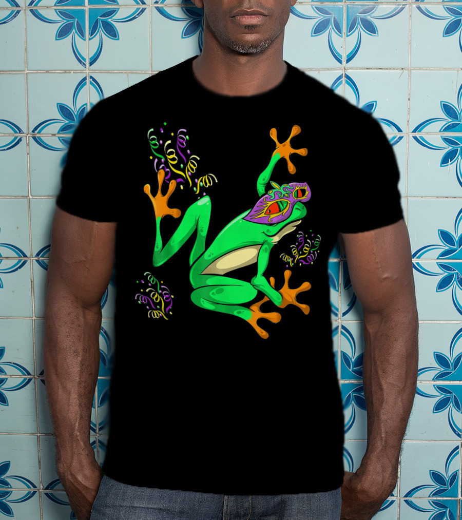 Frog In Mardi Gras Mask With Party Streamers T-Shirt