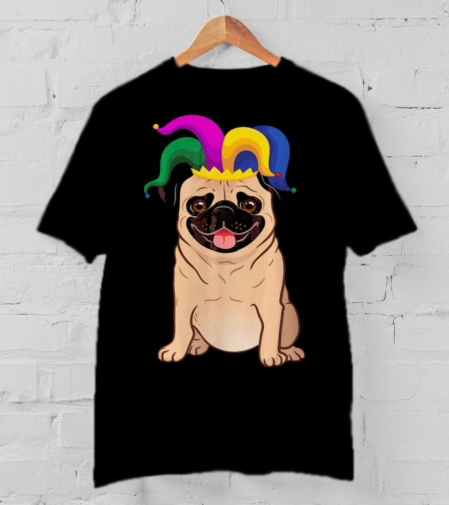 Pug Dog Wearing Colorful Jester Hat For Mardi Gras T-Shirt