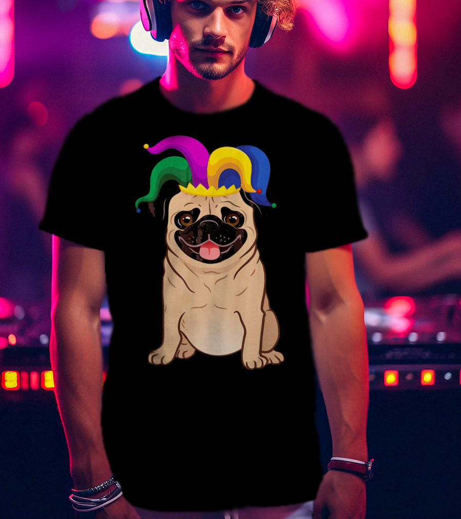 Pug Dog Wearing Colorful Jester Hat For Mardi Gras T-Shirt