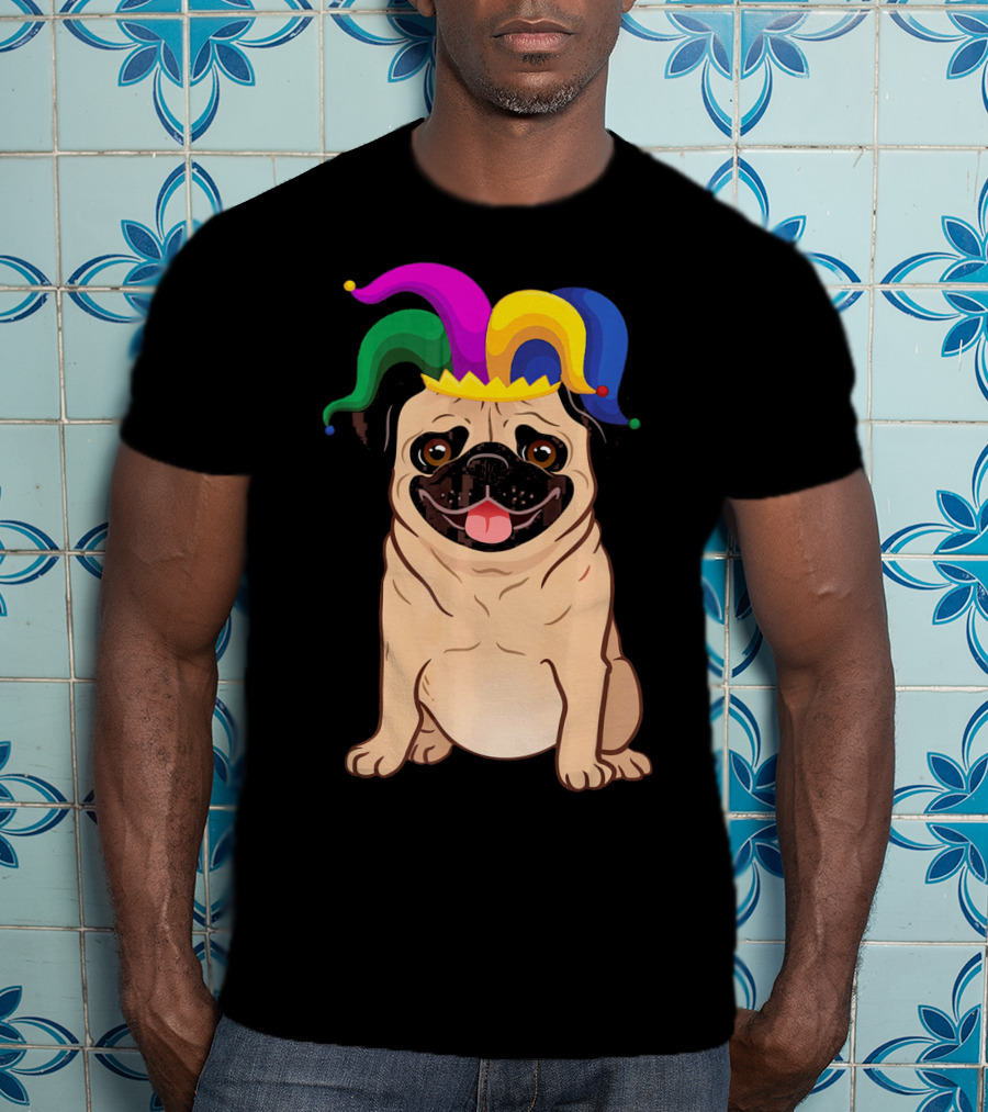 Pug Dog Wearing Colorful Jester Hat For Mardi Gras T-Shirt