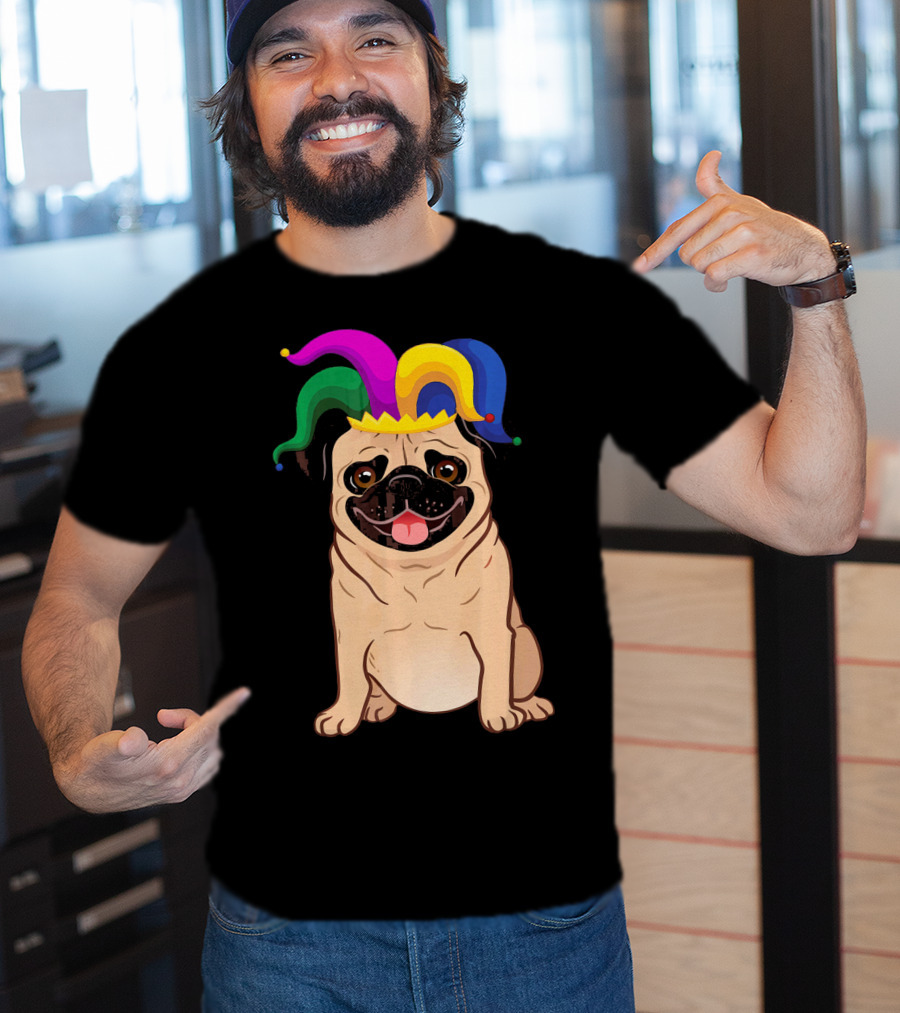 Pug Dog Wearing Colorful Jester Hat For Mardi Gras T-Shirt