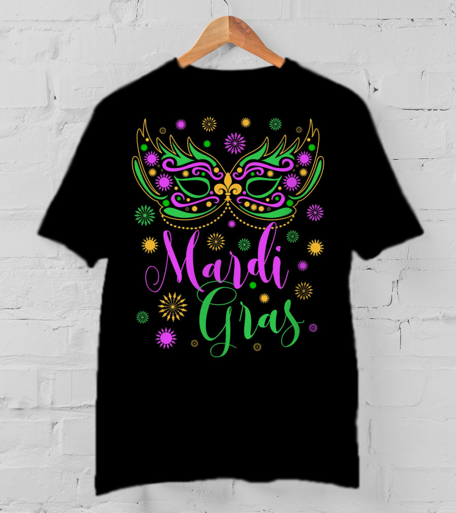Mardi Gras Feathered Mask Colorful Celebration Text T-Shirt