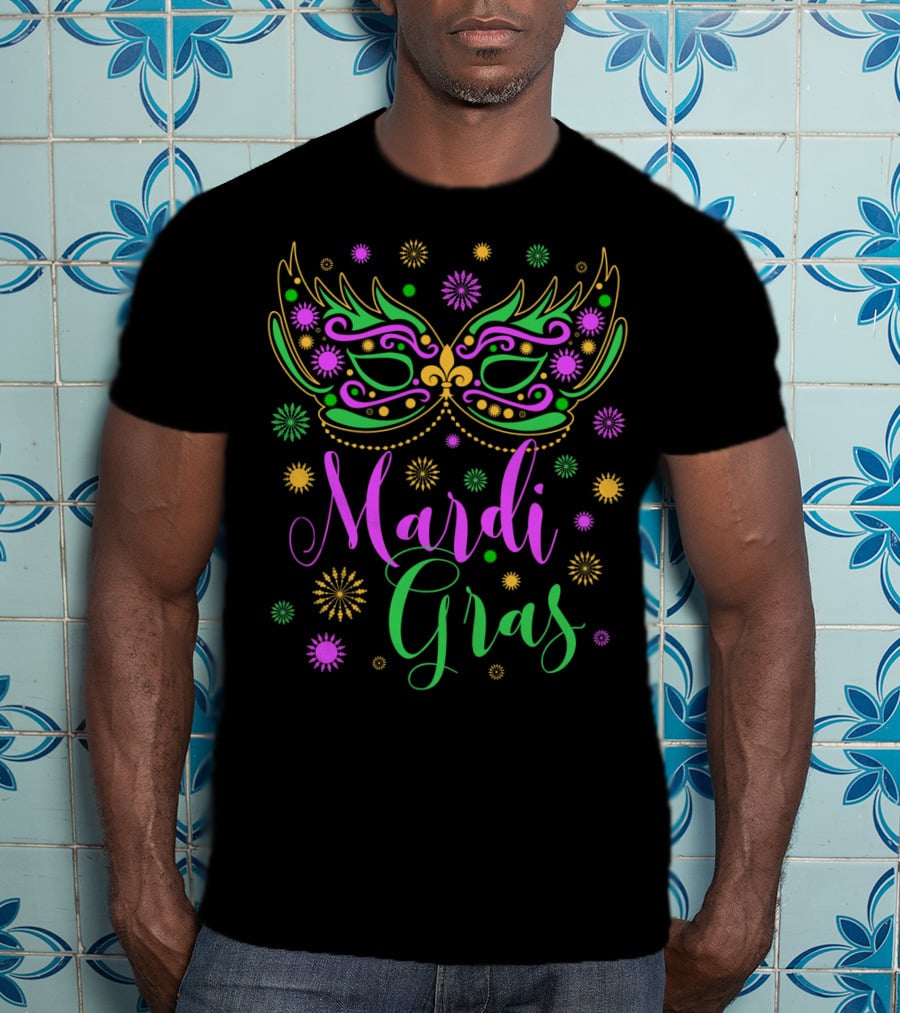 Mardi Gras Feathered Mask Colorful Celebration Text T-Shirt