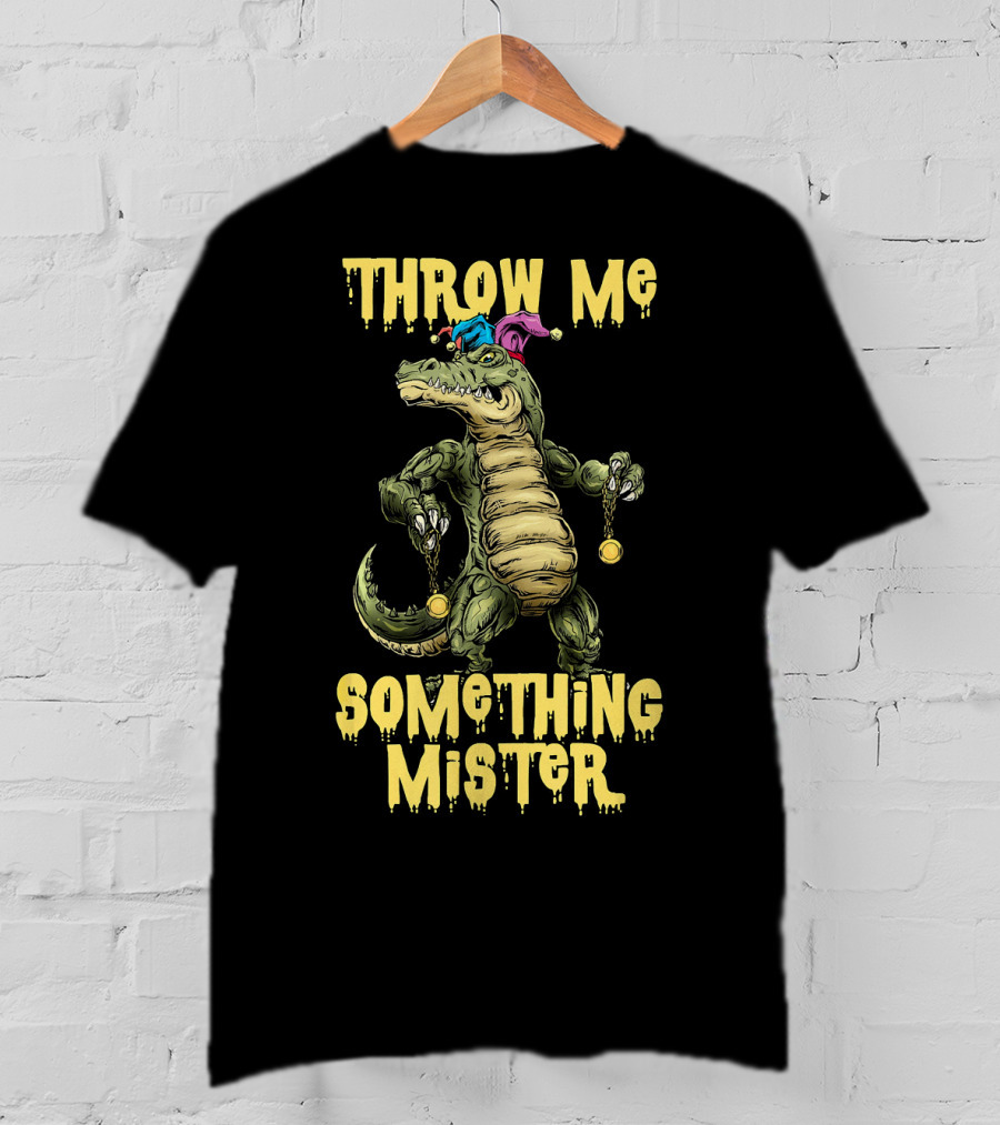 Throw Me Something Mister Mardi Gras Alligator With Beads And Jester Hat T-Shirt