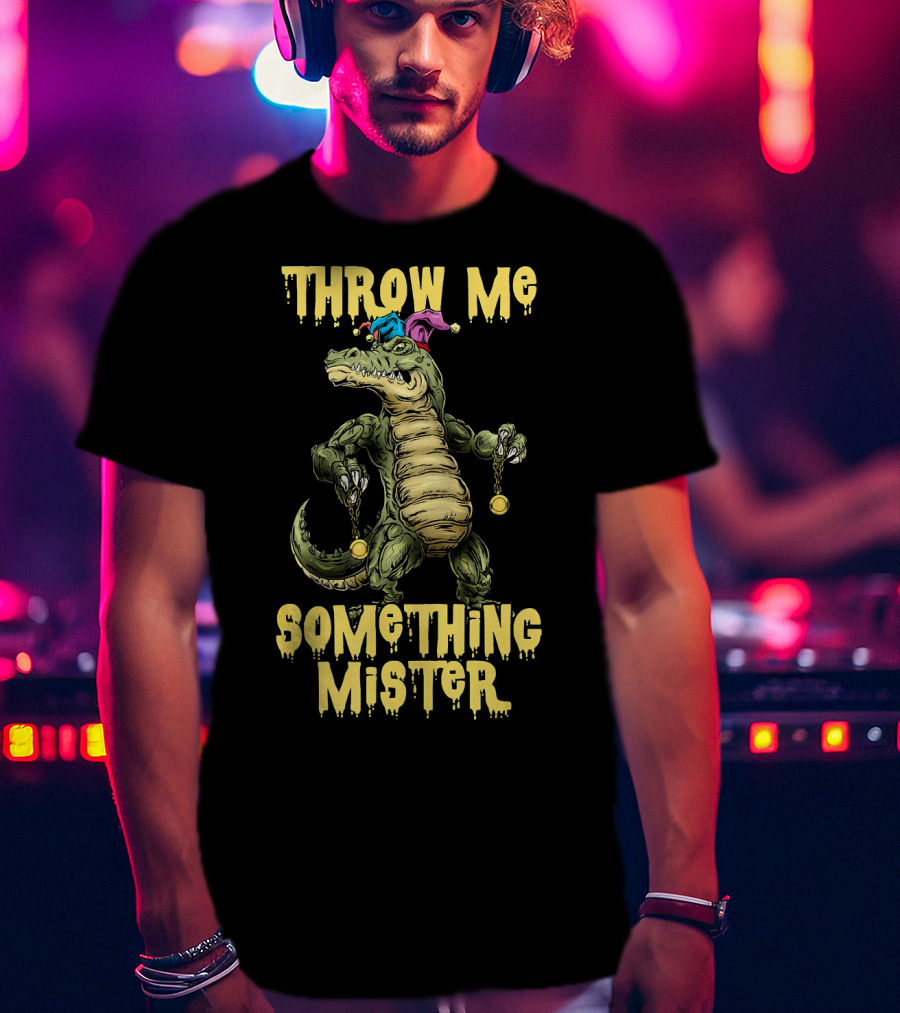 Throw Me Something Mister Mardi Gras Alligator With Beads And Jester Hat T-Shirt
