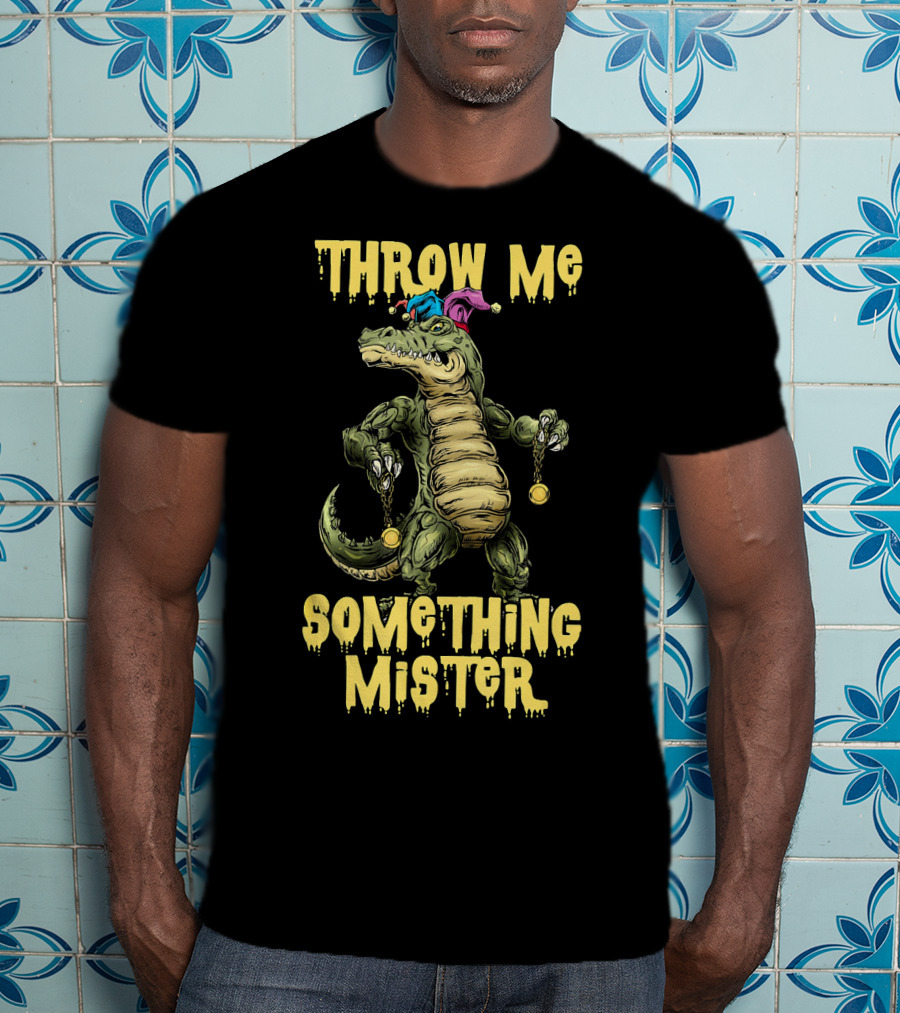 Throw Me Something Mister Mardi Gras Alligator With Beads And Jester Hat T-Shirt