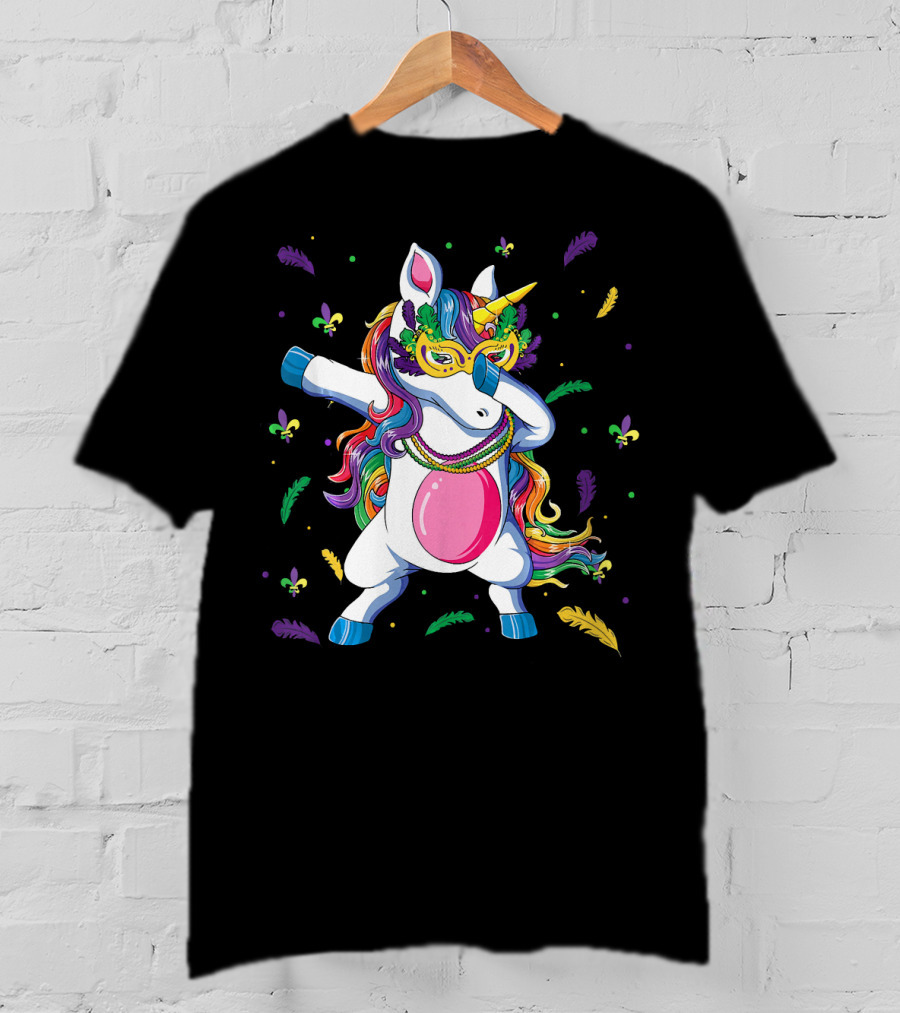 Dabbing Unicorn Mardi Gras Mask Colorful Beads Feathers Fleur-de-lis T-Shirt