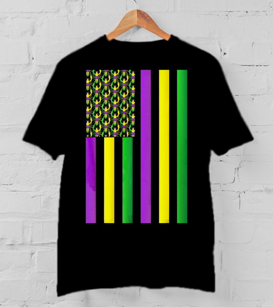 Usa Flag Mardi Gras Crawfish Purple Yellow Green Stripes T-Shirt