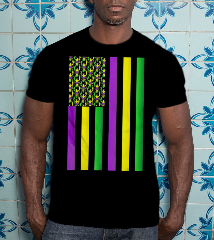 Usa Flag Mardi Gras Crawfish Purple Yellow Green Stripes T-Shirt