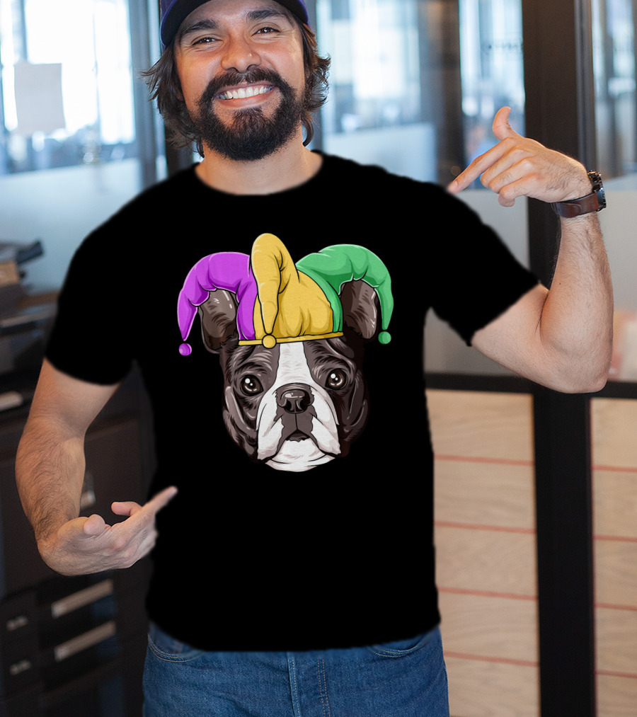 Mardi Gras Boston Terrier Jester Hat T-Shirt