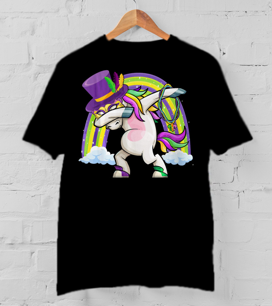 Mardi Gras Dabbing Unicorn Masked With Beads And Hat T-Shirt