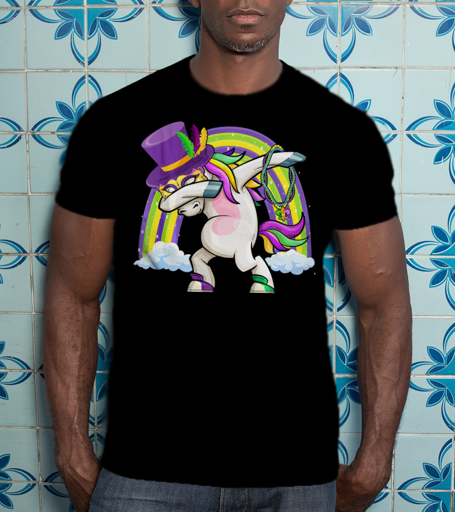 Mardi Gras Dabbing Unicorn Masked With Beads And Hat T-Shirt