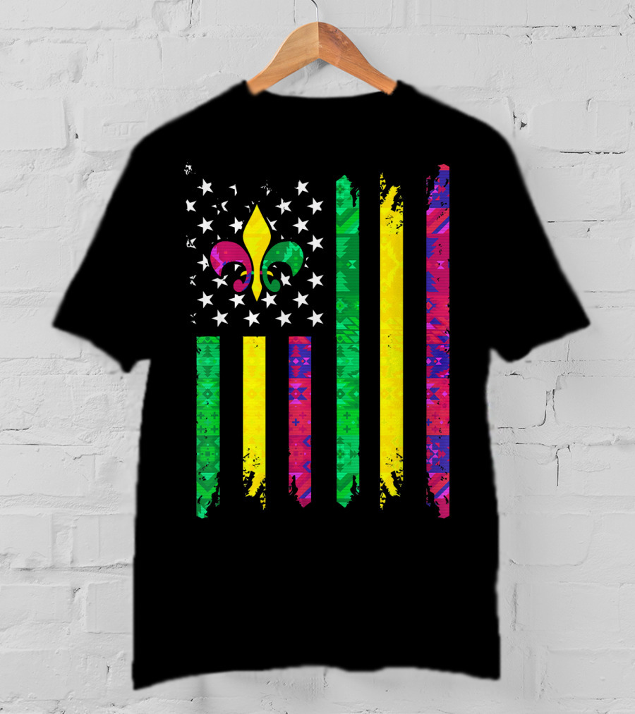 Mardi Gras Colors Fleur De Lis American Flag T-Shirt