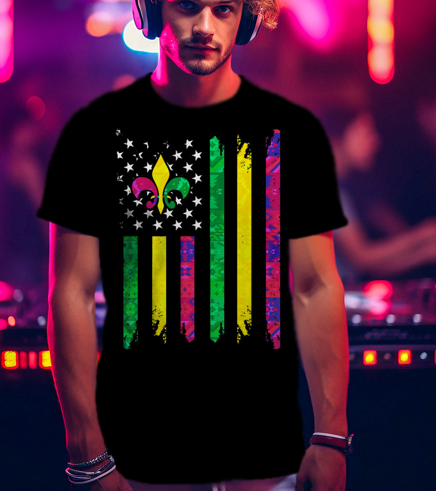 Mardi Gras Colors Fleur De Lis American Flag T-Shirt