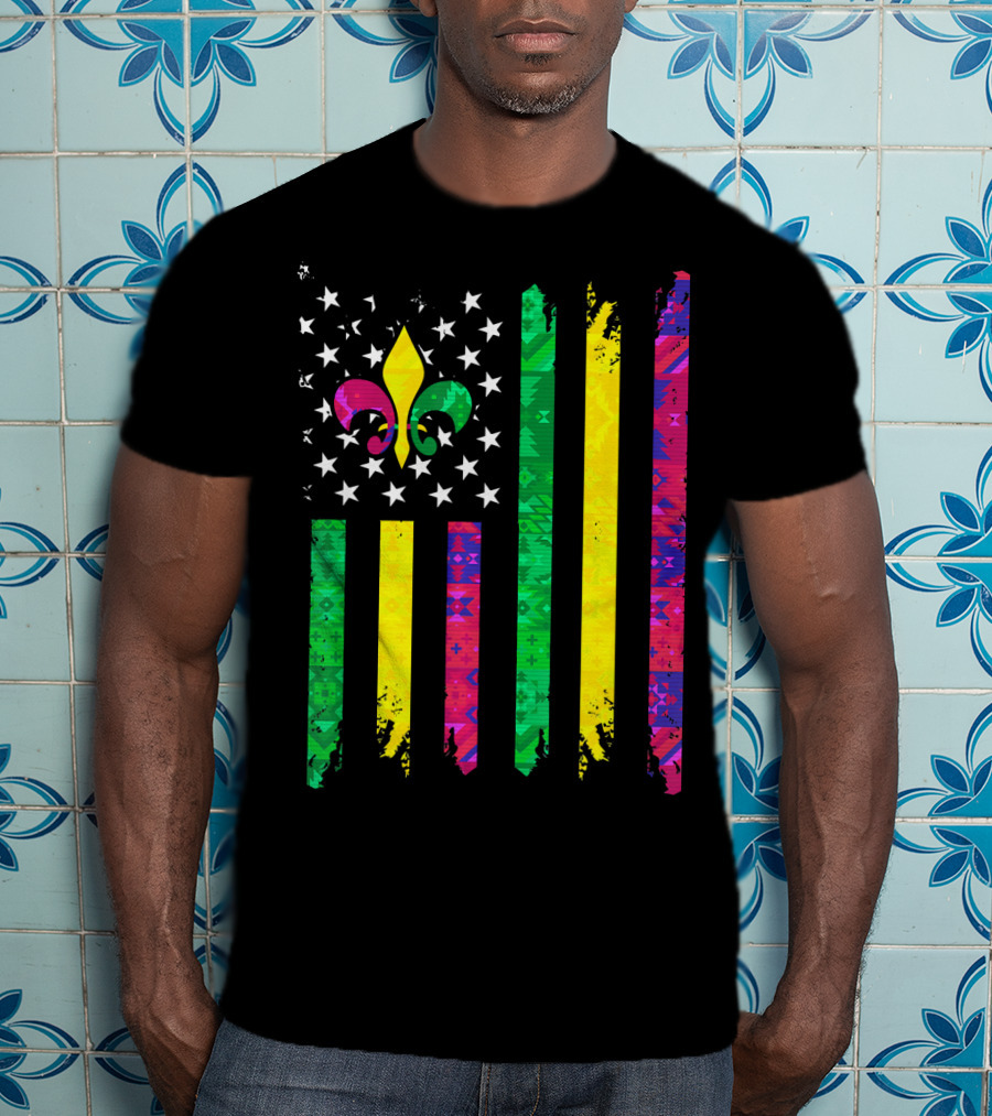 Mardi Gras Colors Fleur De Lis American Flag T-Shirt
