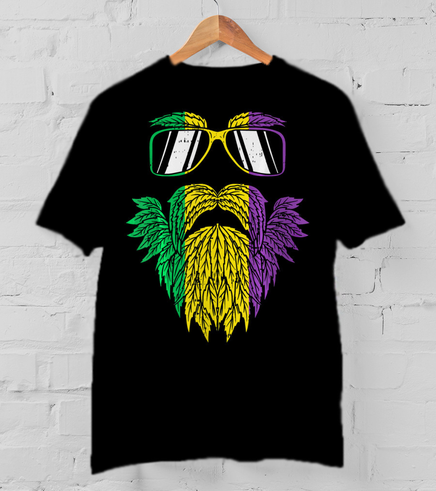 Purple Green Yellow Beard Sunglasses Mardi Gras Hipster T-Shirt