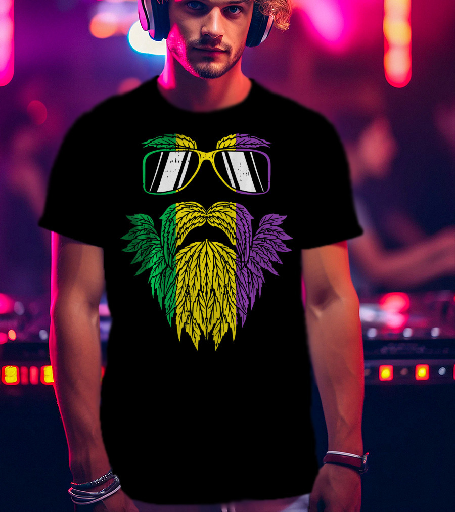 Purple Green Yellow Beard Sunglasses Mardi Gras Hipster T-Shirt