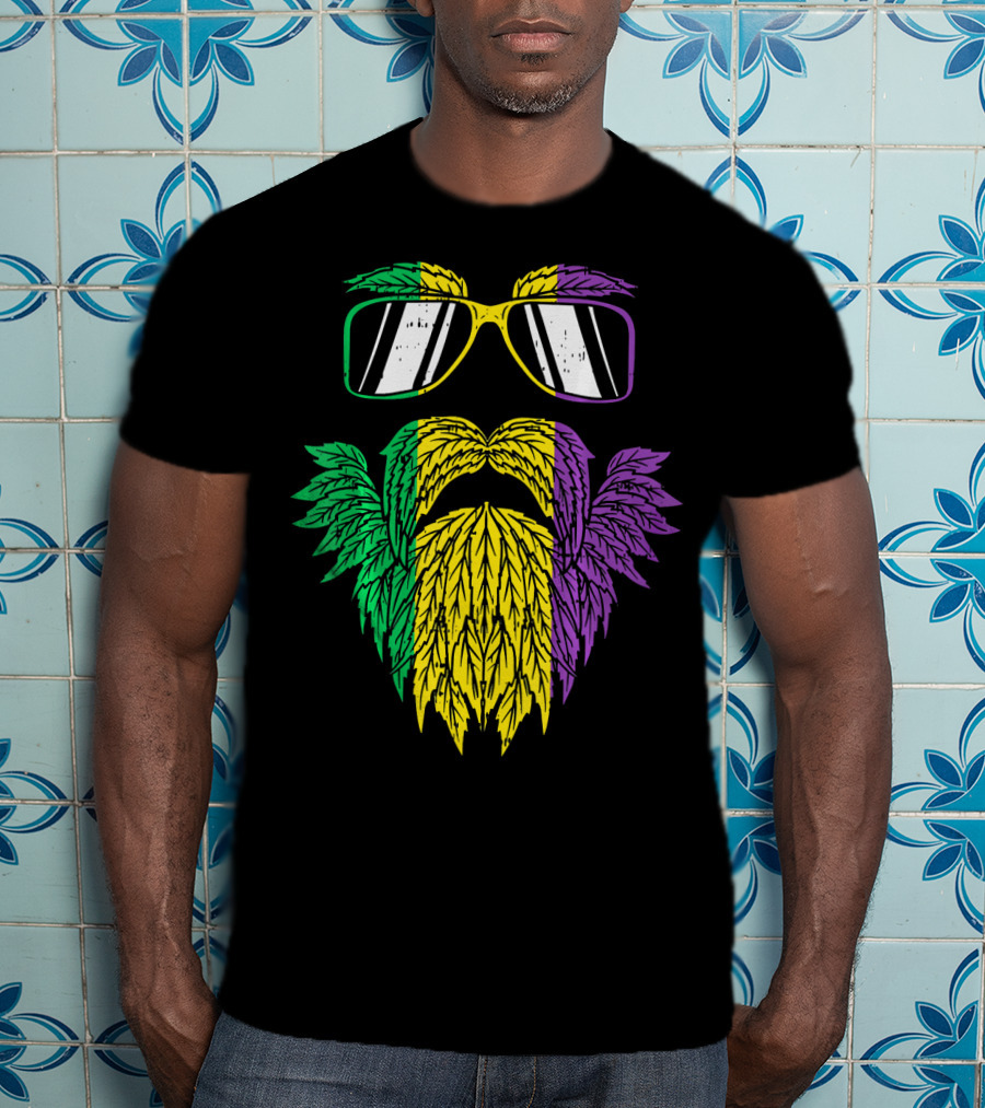 Purple Green Yellow Beard Sunglasses Mardi Gras Hipster T-Shirt