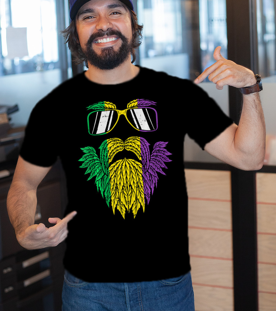 Purple Green Yellow Beard Sunglasses Mardi Gras Hipster T-Shirt