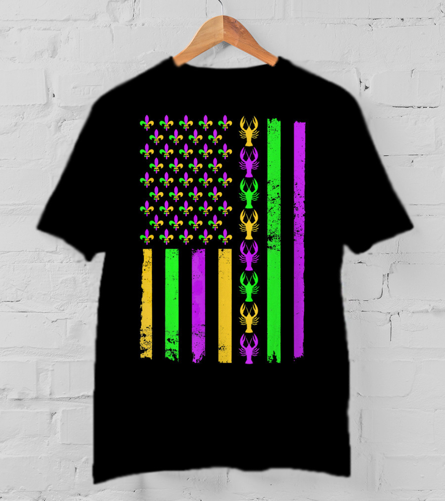 American Flag Fleur De Lis Crawfish Mardi Gras Colors T-Shirt