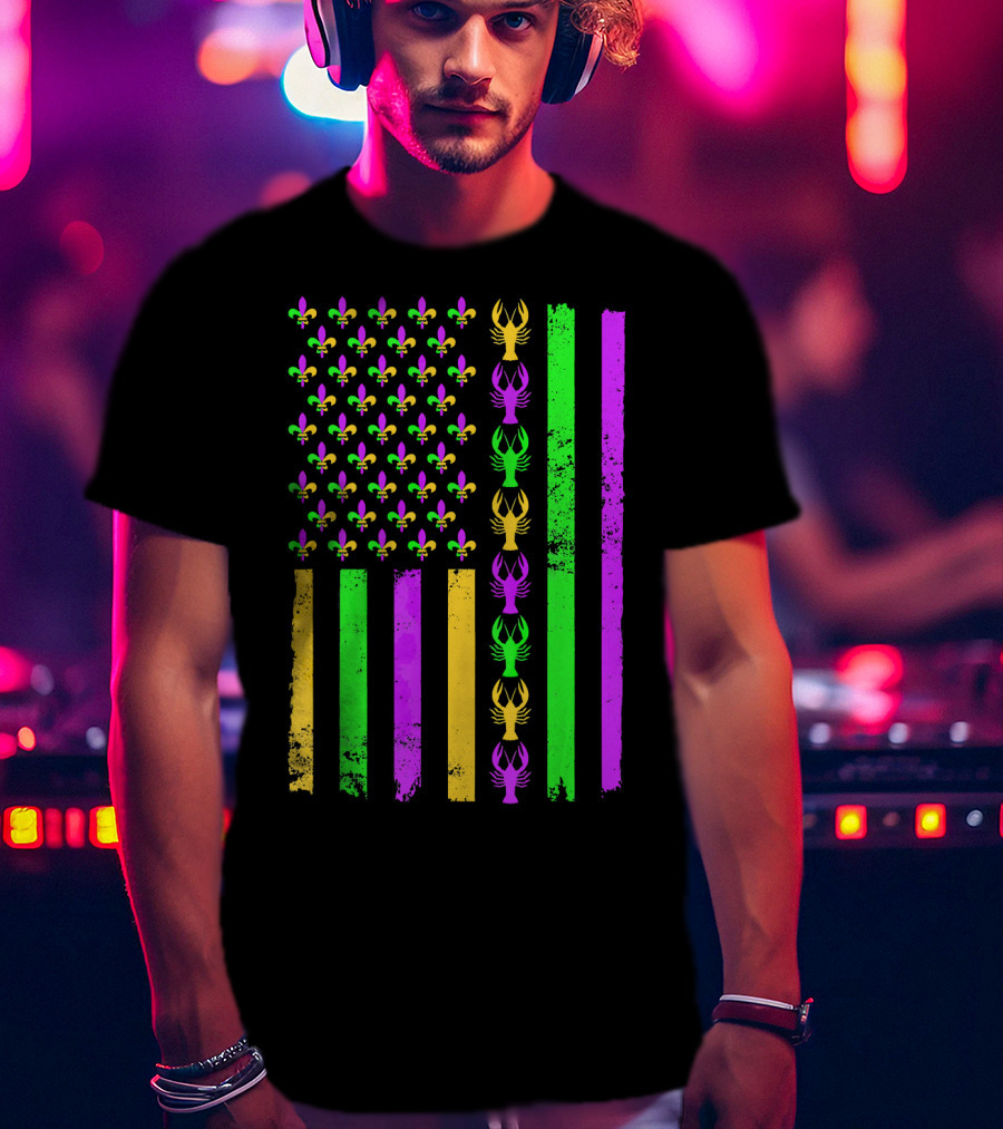 American Flag Fleur De Lis Crawfish Mardi Gras Colors T-Shirt