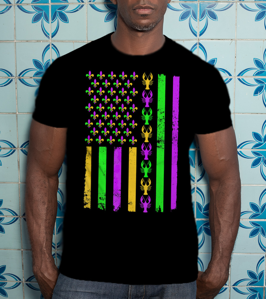 American Flag Fleur De Lis Crawfish Mardi Gras Colors T-Shirt