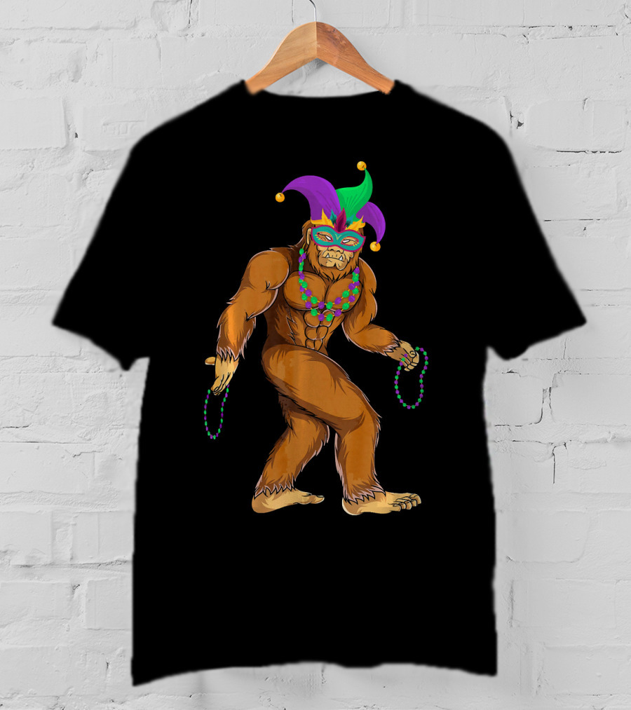Mardi Gras Bigfoot Wearing Jester Hat Mask And Beads T-Shirt