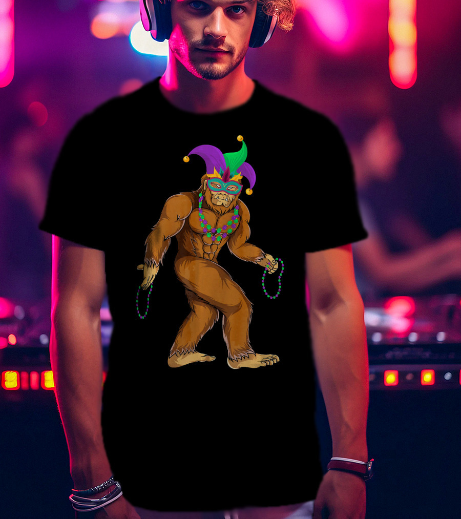 Mardi Gras Bigfoot Wearing Jester Hat Mask And Beads T-Shirt
