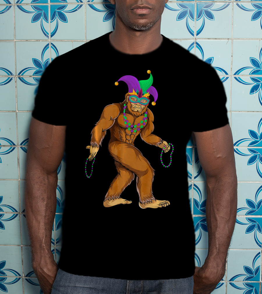 Mardi Gras Bigfoot Wearing Jester Hat Mask And Beads T-Shirt