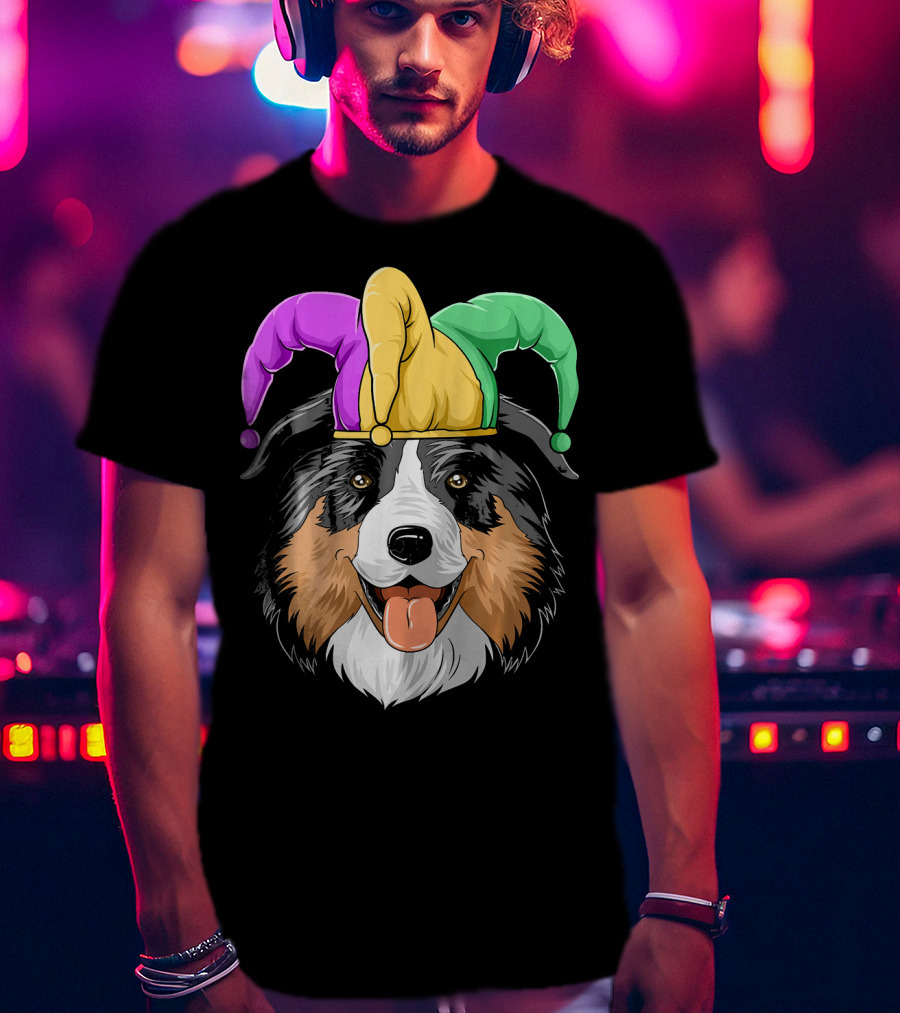 Australian Shepherd Mardi Gras Jester Hat T-Shirt