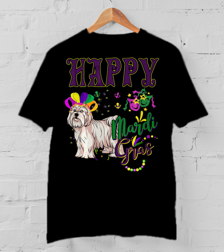 Happy Mardi Gras Maltese With Colorful Masks And Beads T-Shirt